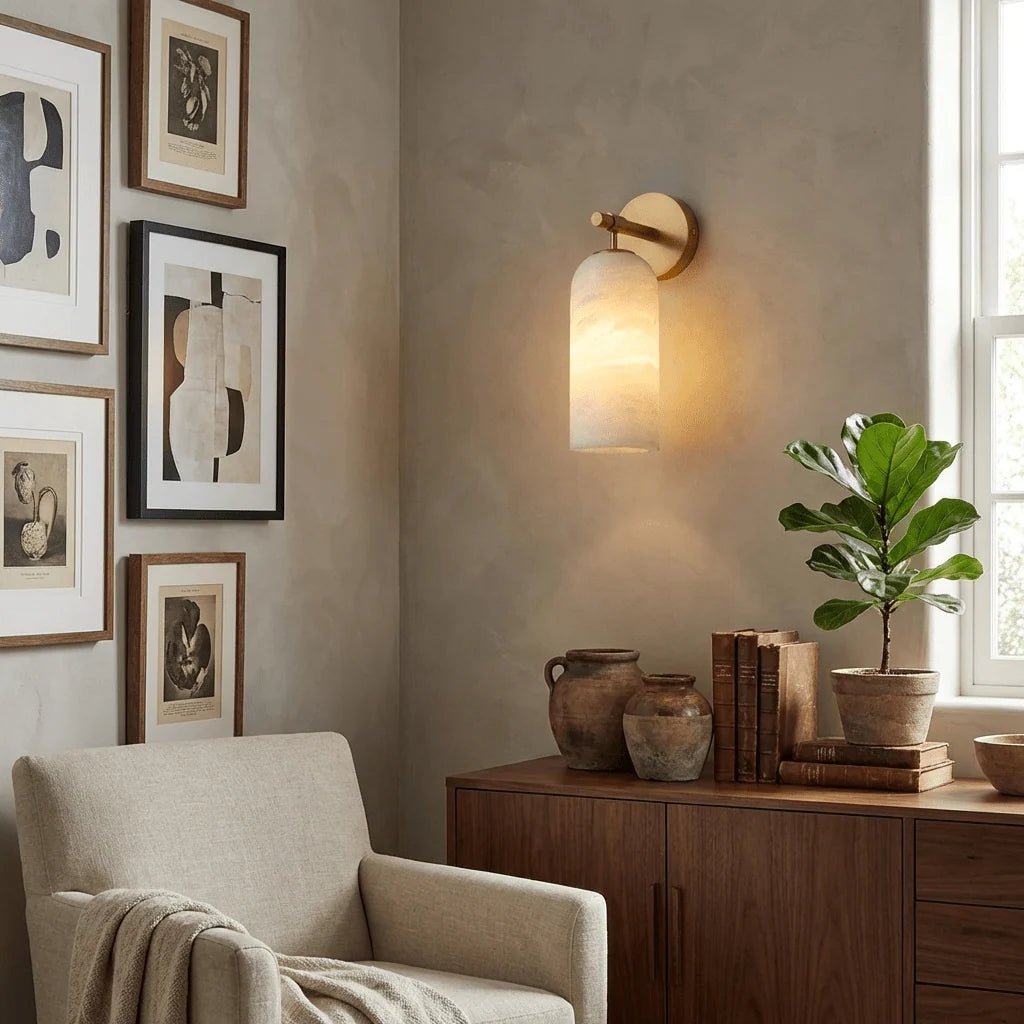 Wall light sconce featuring a stylish alabaster shade and durable metal arm, designed for hardwired indoor ambient lighting to enhance your home decor. 7
