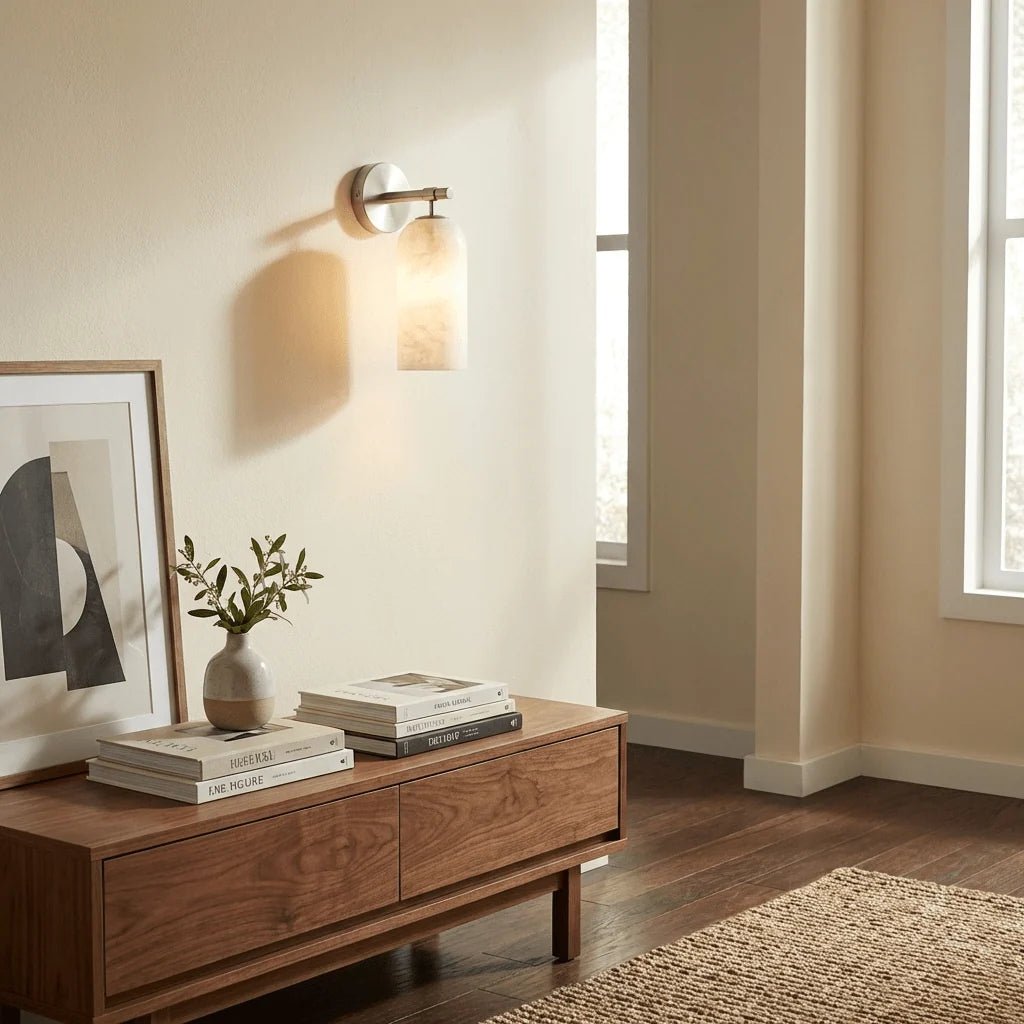 Wall light sconce featuring a stylish alabaster shade and durable metal arm, designed for hardwired indoor ambient lighting to enhance your home decor. 6