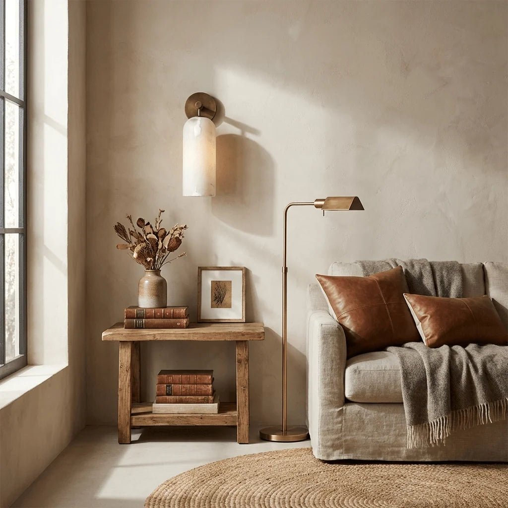 Wall light sconce featuring a stylish alabaster shade and durable metal arm, designed for hardwired indoor ambient lighting to enhance your home decor. 5