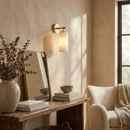 Wall light sconce featuring a stylish alabaster shade and durable metal arm, designed for hardwired indoor ambient lighting to enhance your home decor. 8