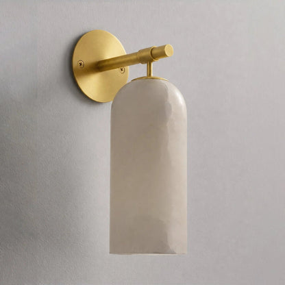 Wall light sconce featuring a stylish alabaster shade and durable metal arm, designed for hardwired indoor ambient lighting to enhance your home decor. 9