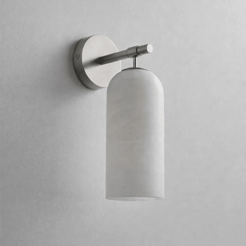 Wall light sconce featuring a stylish alabaster shade and durable metal arm, designed for hardwired indoor ambient lighting to enhance your home decor. 12