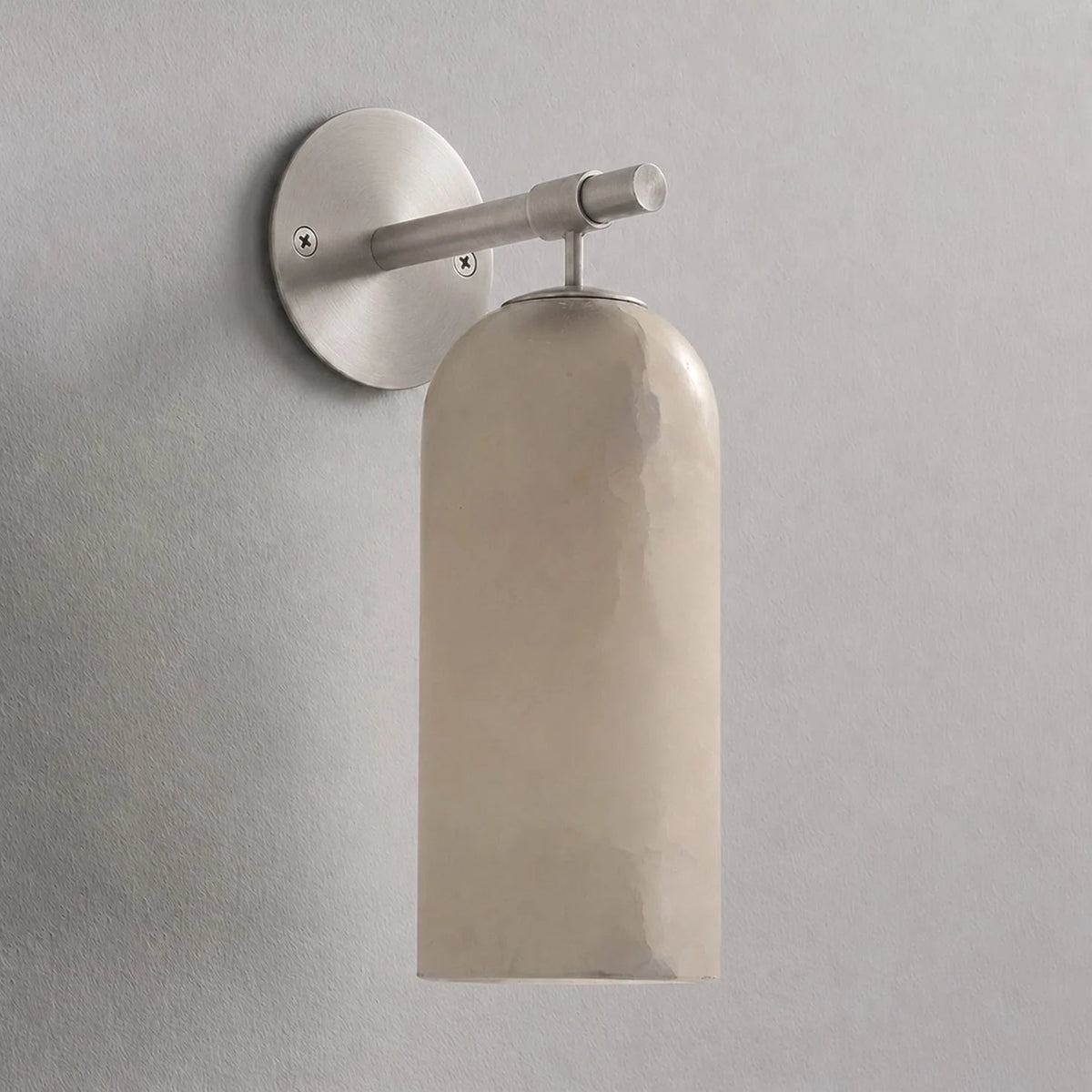 Wall light sconce featuring a stylish alabaster shade and durable metal arm, designed for hardwired indoor ambient lighting to enhance your home decor. 10