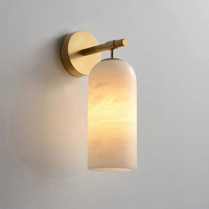 Wall light sconce featuring a stylish alabaster shade and durable metal arm, designed for hardwired indoor ambient lighting to enhance your home decor. 0