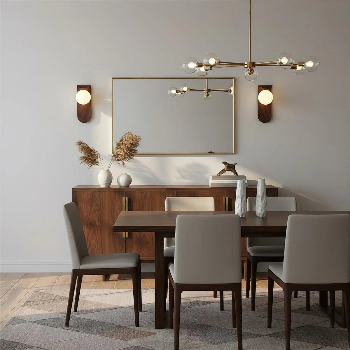 Wall light featuring a frosted globe and a wood look base, designed for compact spaces and damp-rated for both indoor and outdoor use. 6