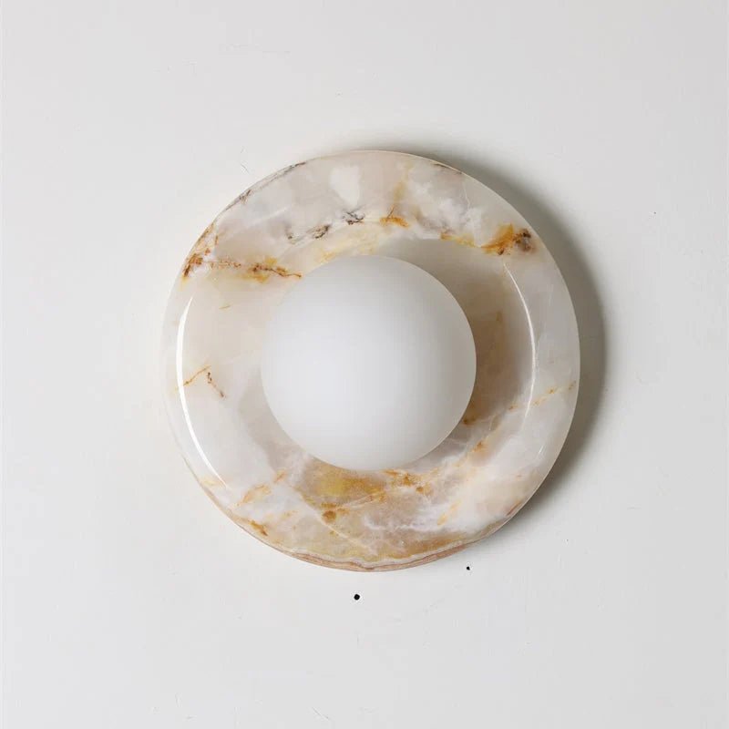 Wall light featuring a natural onyx backplate and a stylish glass globe, designed for hardwired indoor installation, perfect for enhancing home decor. 0