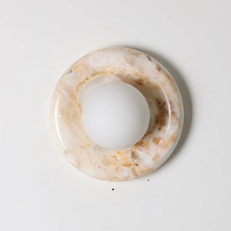 Wall light featuring a natural onyx backplate and a stylish glass globe, designed for hardwired indoor installation, perfect for enhancing home decor. 9