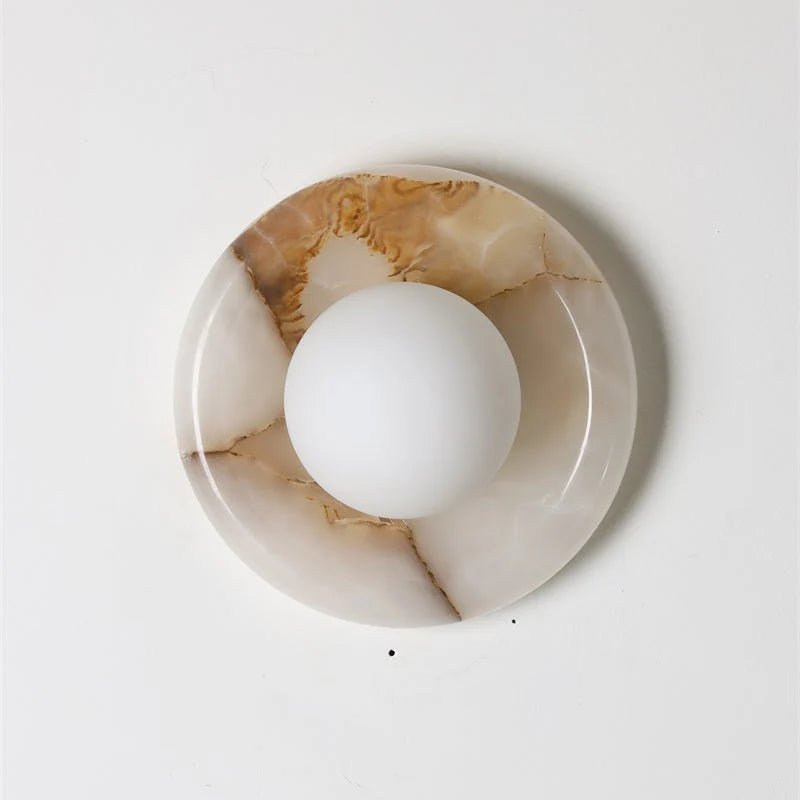 Wall light featuring a natural onyx backplate and a stylish glass globe, designed for hardwired indoor installation, perfect for enhancing home decor. 33