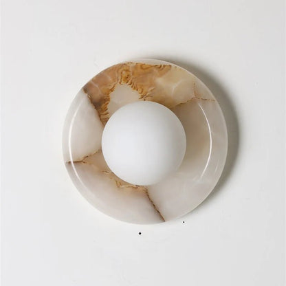 Wall light featuring a natural onyx backplate and a stylish glass globe, designed for hardwired indoor installation, perfect for enhancing home decor. 33