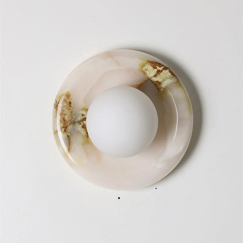Wall light featuring a natural onyx backplate and a stylish glass globe, designed for hardwired indoor installation, perfect for enhancing home decor. 13