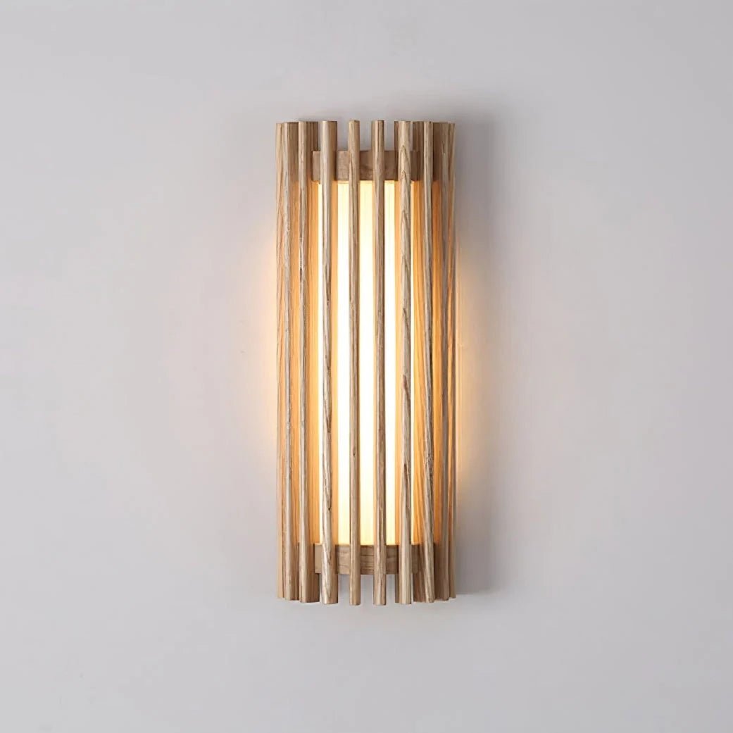 Modern wall light featuring a stylish wood and acrylic design, equipped with dimmable LED technology, available in warm or cool lighting options. 9