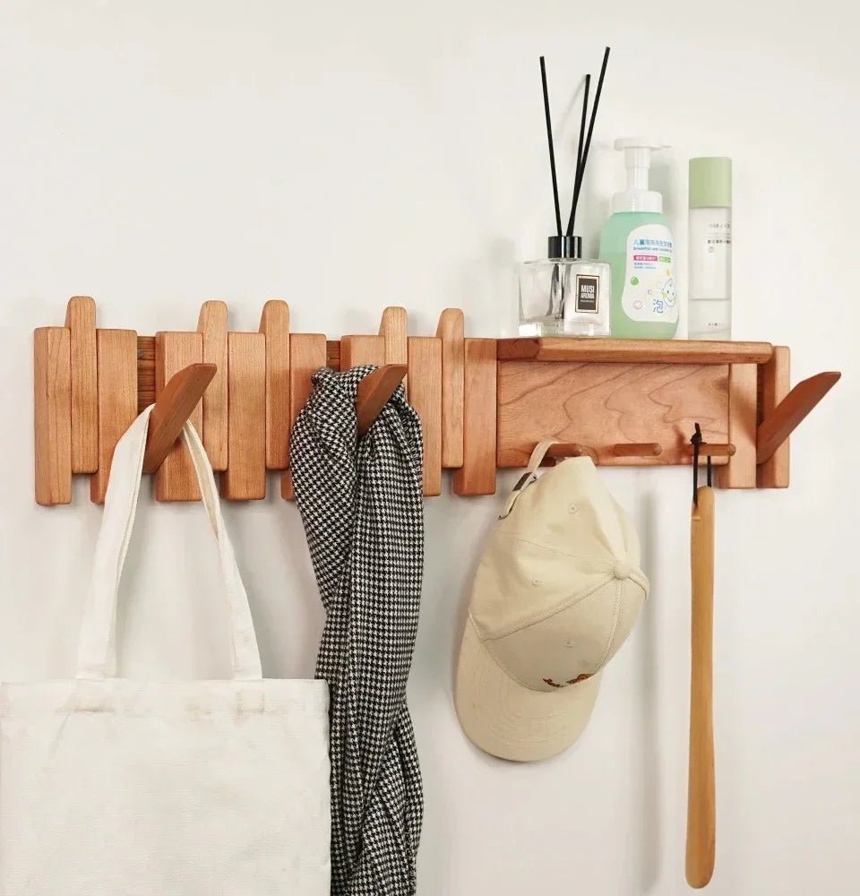 Wall-mounted coat rack featuring a unique piano key design, crafted from solid wood for durability and style, perfect for space-saving organization in entryways or hall 4