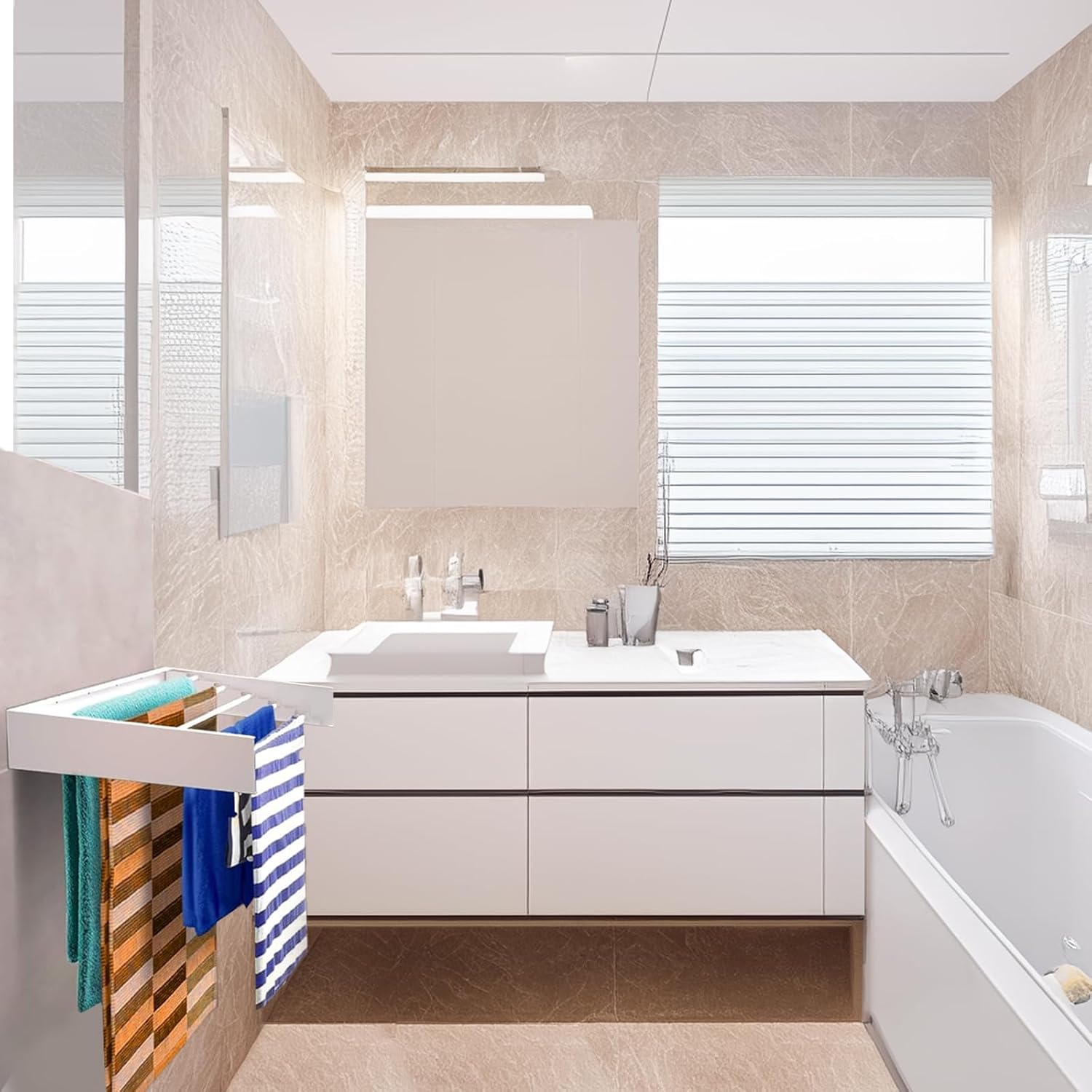Wall mounted drying rack made of white iron, featuring an adjustable length design for space-saving clothes air drying. 2