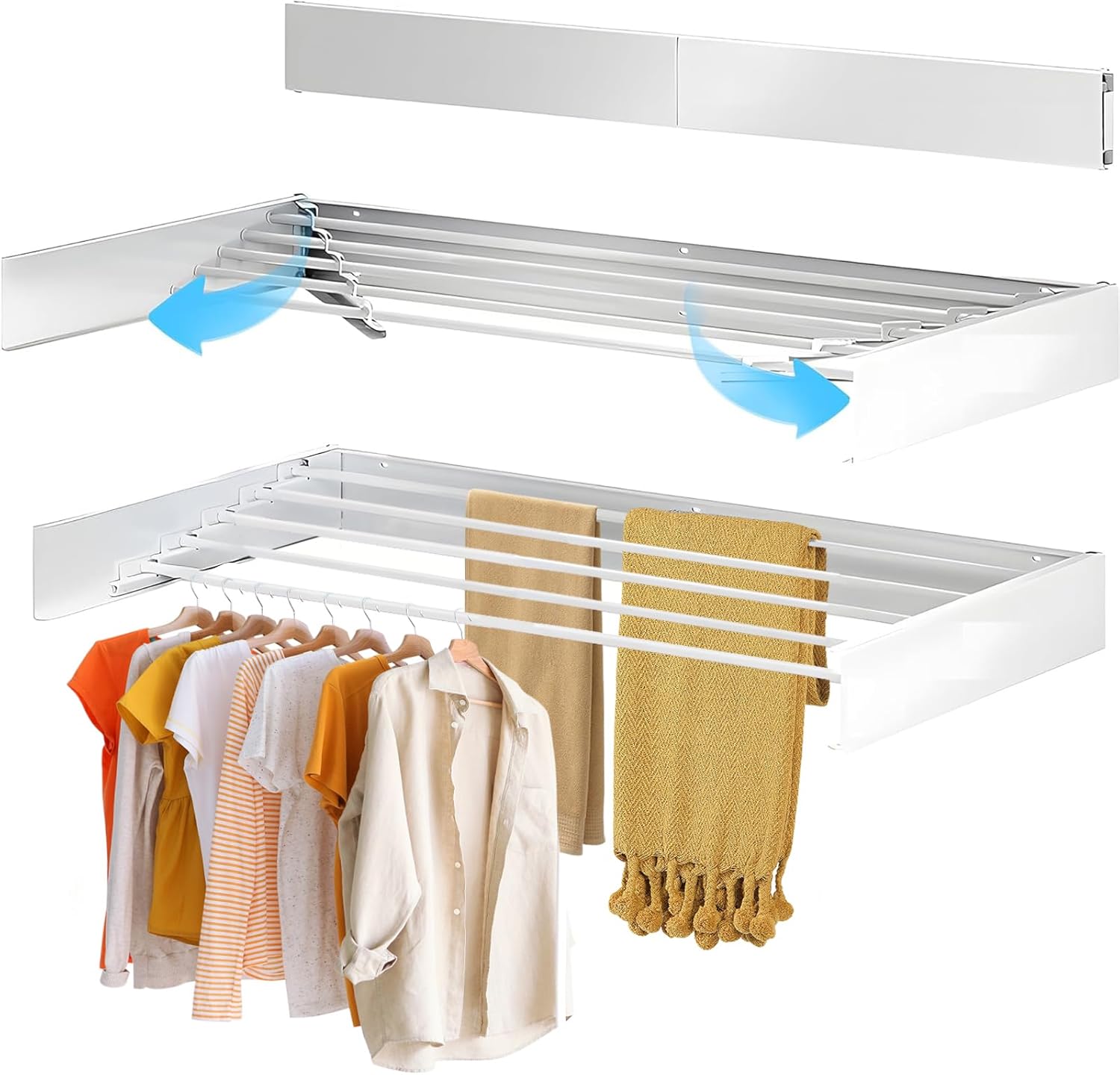 Wall mounted drying rack made of white iron, featuring an adjustable length design for space-saving clothes air drying. 0