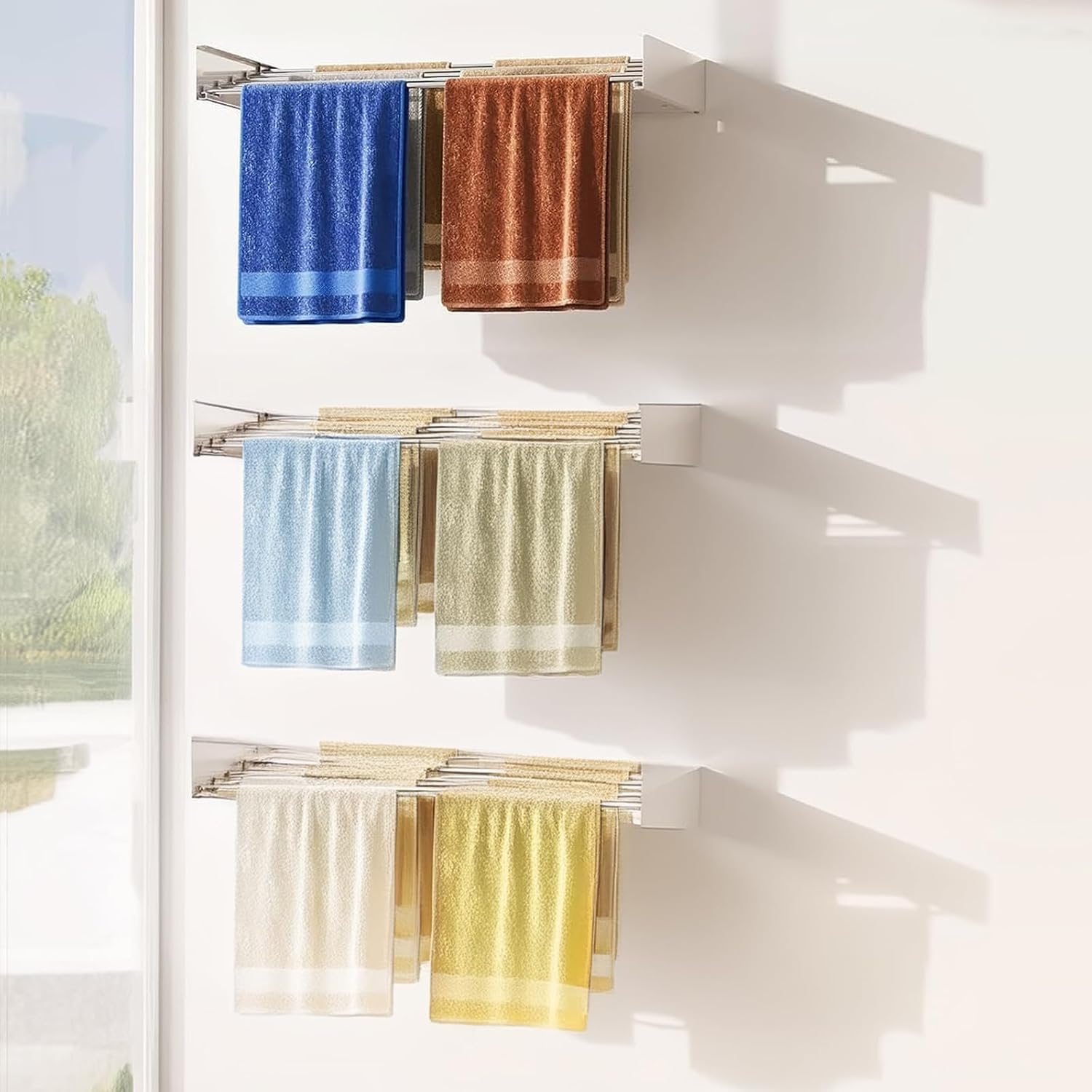 Wall mounted drying rack made of white iron, featuring an adjustable length design for space-saving clothes air drying. 5