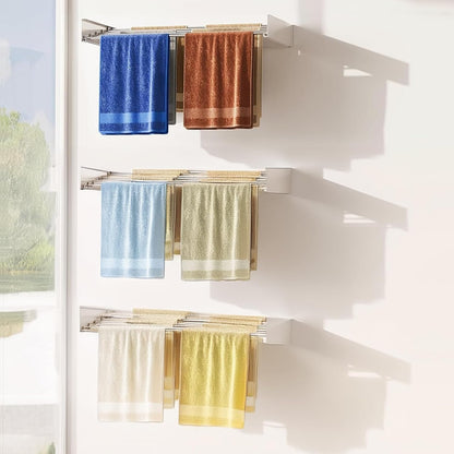 Wall mounted drying rack made of white iron, featuring an adjustable length design for space-saving clothes air drying. 5