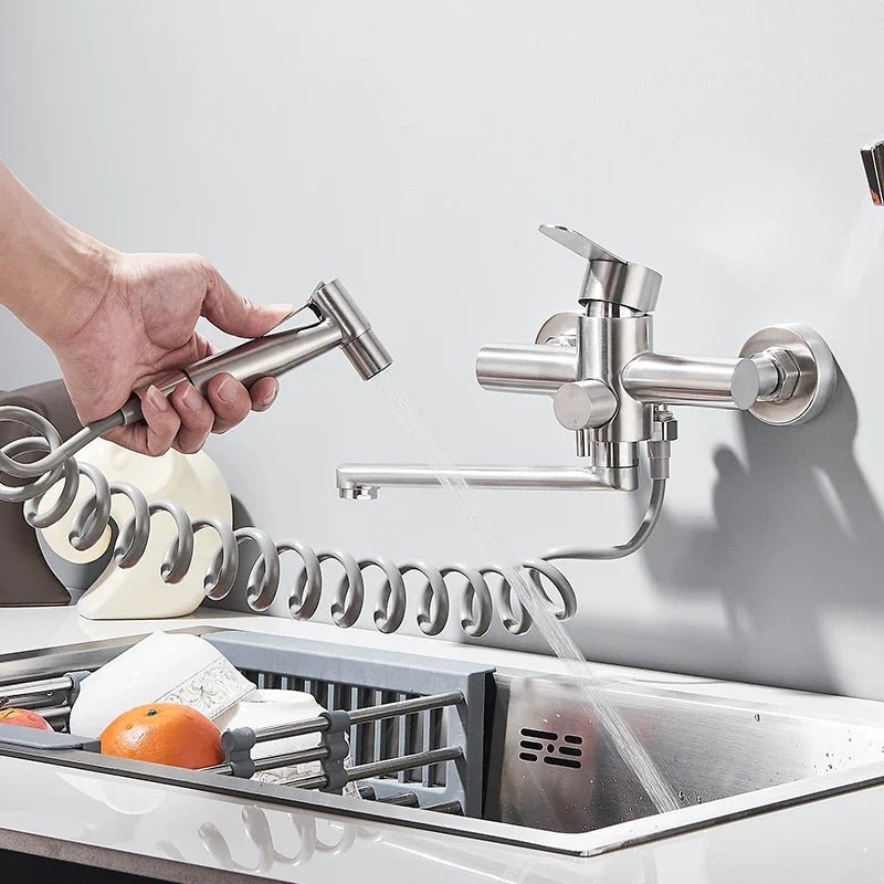 Wall mounted stainless steel faucet with a swivel spout and temperature control, featuring a sleek modern design suitable for contemporary kitchens and bathrooms. 1