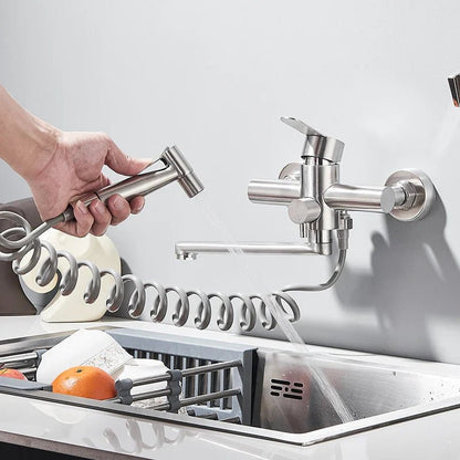 Wall mounted stainless steel faucet with a swivel spout and temperature control, featuring a sleek modern design suitable for contemporary kitchens and bathrooms. 1