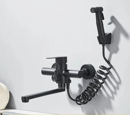 Wall mounted stainless steel faucet with a swivel spout and temperature control, featuring a sleek modern design suitable for contemporary kitchens and bathrooms. 3