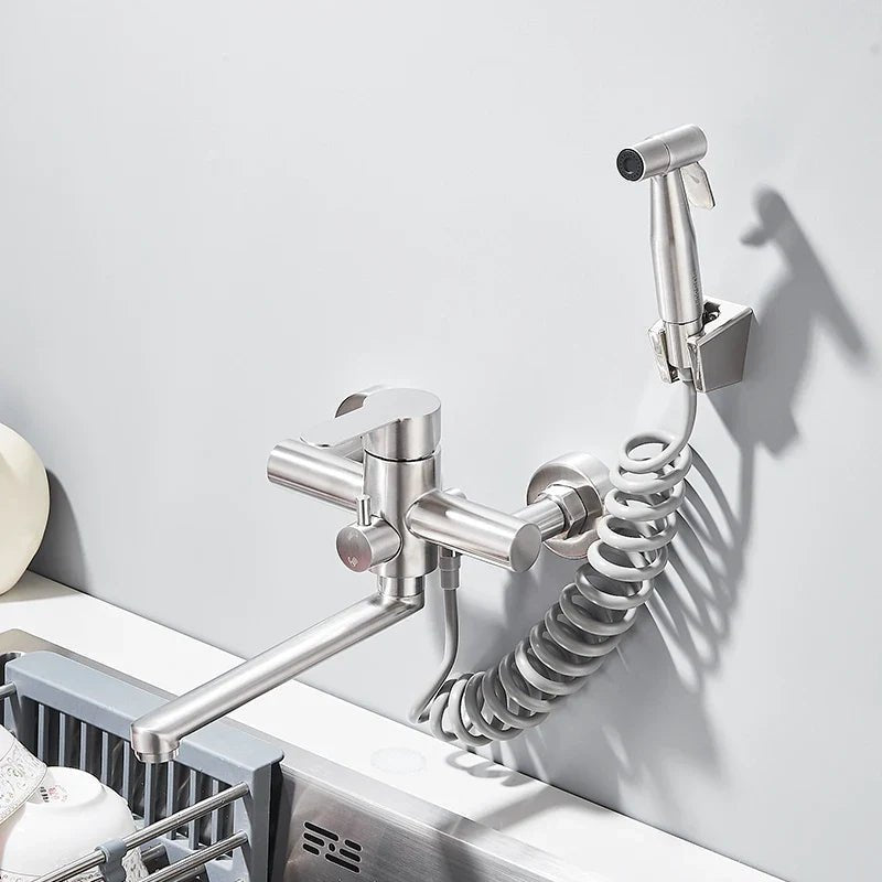 Wall mounted stainless steel faucet with a swivel spout and temperature control, featuring a sleek modern design suitable for contemporary kitchens and bathrooms. 0