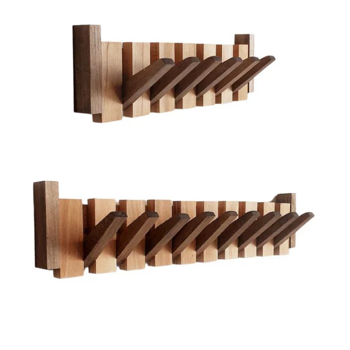 Wall-mounted wooden coat rack featuring foldable hooks in a stylish piano key design, crafted from solid timber for durability and elegance. 7