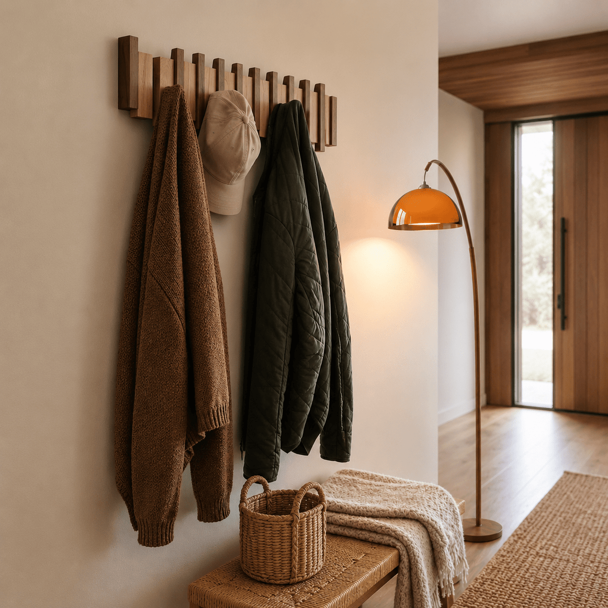 Wall-mounted wooden coat rack featuring foldable hooks in a stylish piano key design, crafted from solid timber for durability and elegance. 1