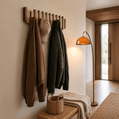 Wall-mounted wooden coat rack featuring foldable hooks in a stylish piano key design, crafted from solid timber for durability and elegance. 1