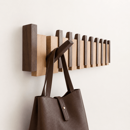 Wall-mounted wooden coat rack featuring foldable hooks in a stylish piano key design, crafted from solid timber for durability and elegance. 0