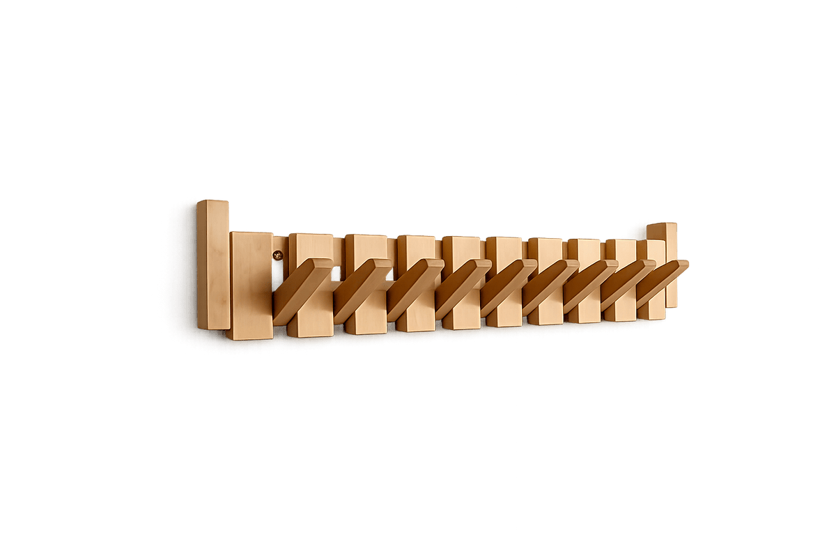 Wall-mounted wooden coat rack featuring foldable hooks in a stylish piano key design, crafted from solid timber for durability and elegance. 4