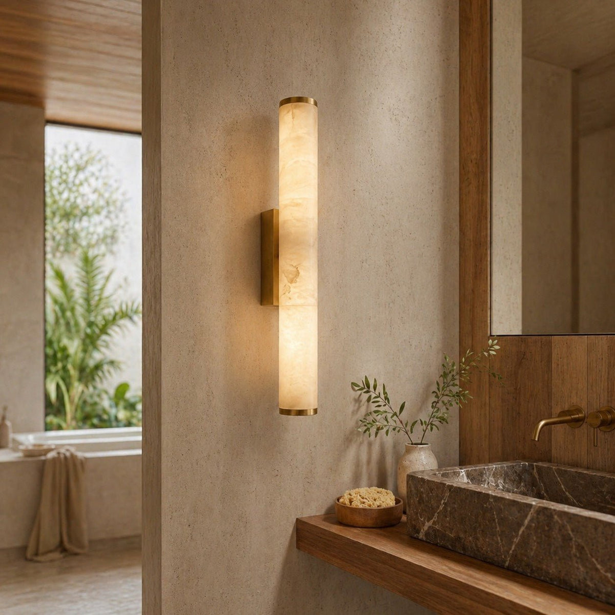 Wall sconce lighting featuring warm white LED, a resin marble effect, minimalist design, and stylish copper accents, perfect for modern home decor. 1