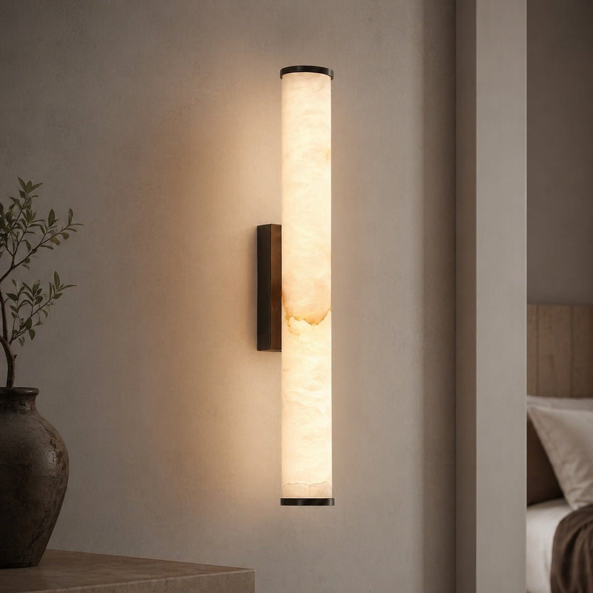 Wall sconce lighting featuring warm white LED, a resin marble effect, minimalist design, and stylish copper accents, perfect for modern home decor. 5