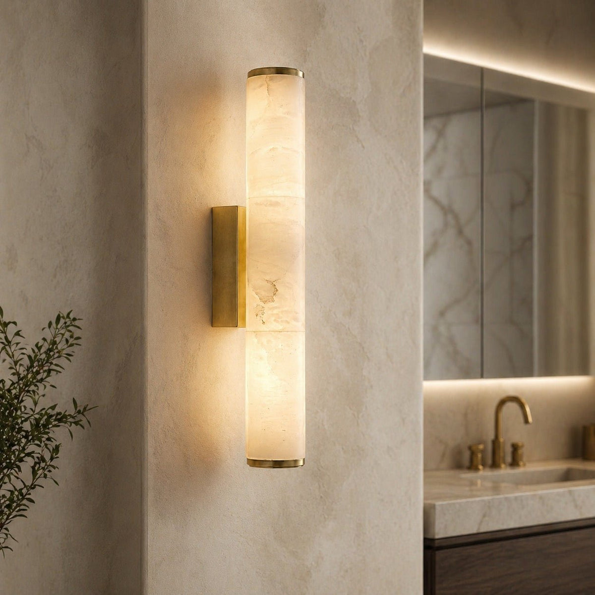 Wall sconce lighting featuring warm white LED, a resin marble effect, minimalist design, and stylish copper accents, perfect for modern home decor. 2
