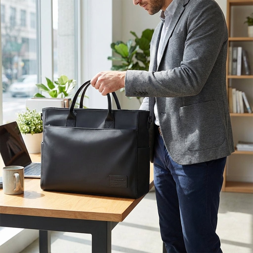 Water-repellent laptop bag featuring an adjustable strap, designed for casual business use with multiple compartments for organization. 0
