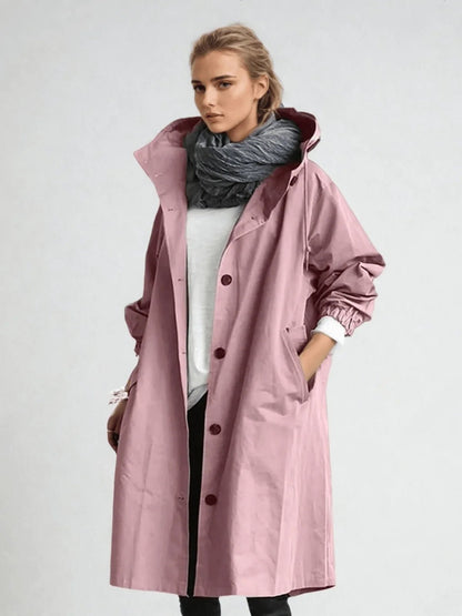 Water-repellent raincoat for women in classic trench design, featuring lightweight and durable fabric, perfect for stylish protection against rain. 5