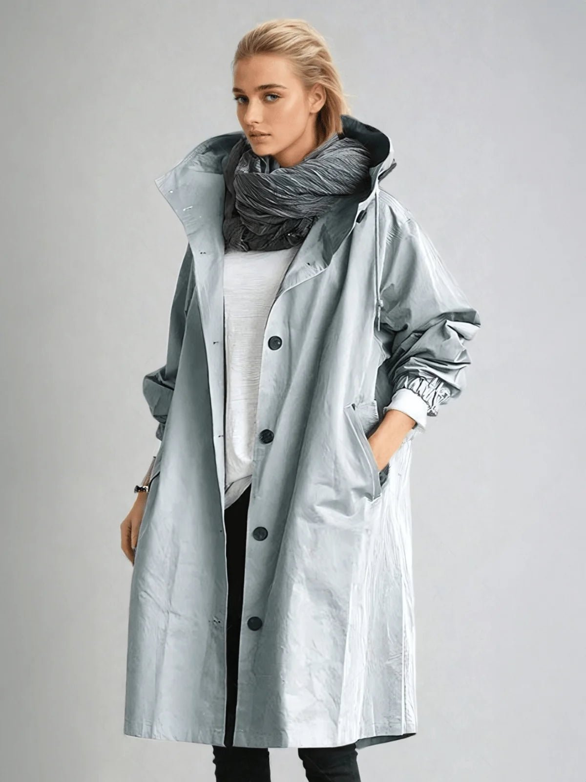 Water-repellent raincoat for women in classic trench design, featuring lightweight and durable fabric, perfect for stylish protection against rain. 4