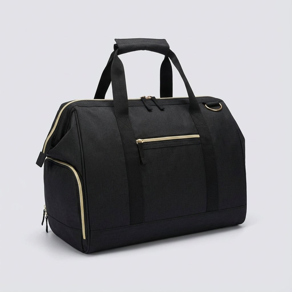 Water-resistant black duffel bag with a shoe compartment, 33L capacity, designed for easy packing and organization, perfect for travel and outdoor activities 1