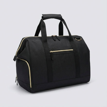 Water-resistant black duffel bag with a shoe compartment, 33L capacity, designed for easy packing and organization, perfect for travel and outdoor activities 1