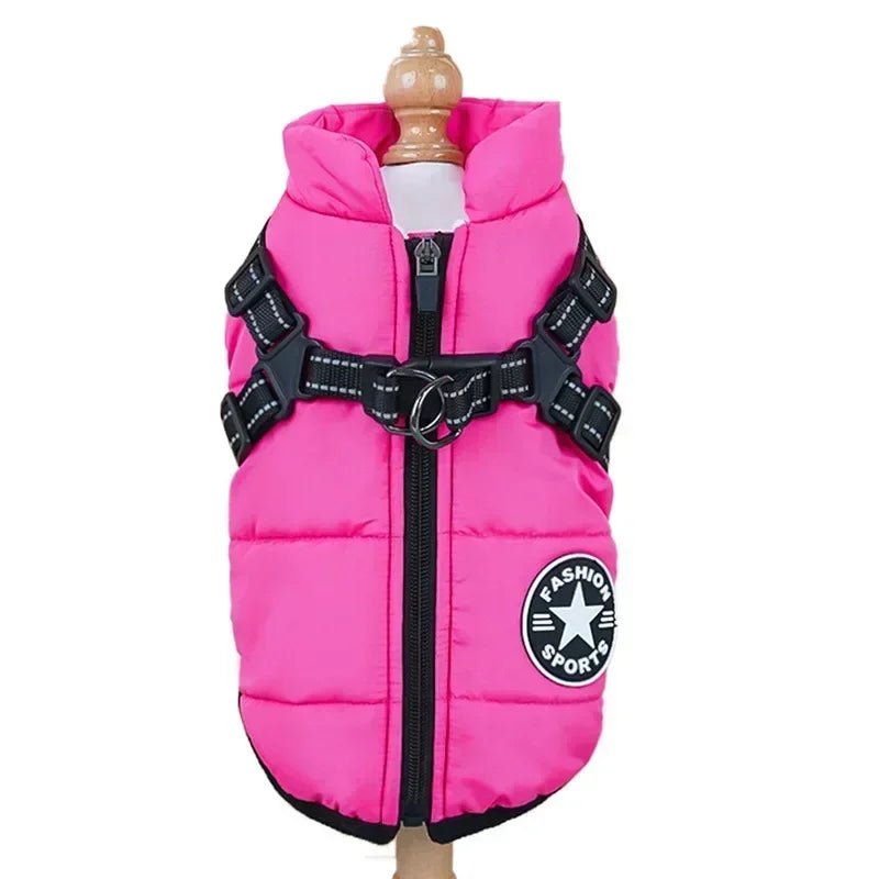 Waterproof dog coat featuring an integrated reflective harness and soft fleece lining, designed for cold and rainy weather, showcasing a 2-in-1 functionality for 8