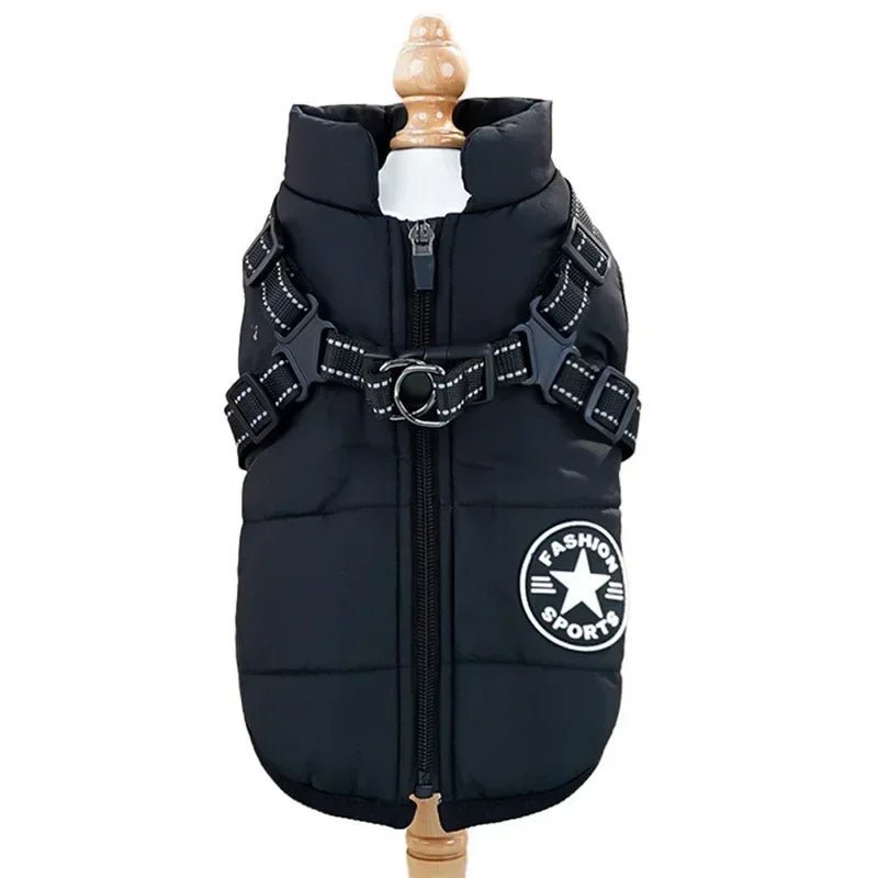 Waterproof dog coat featuring an integrated reflective harness and soft fleece lining, designed for cold and rainy weather, showcasing a 2-in-1 functionality for 0