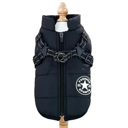 Waterproof dog coat featuring an integrated reflective harness and soft fleece lining, designed for cold and rainy weather, showcasing a 2-in-1 functionality for 0