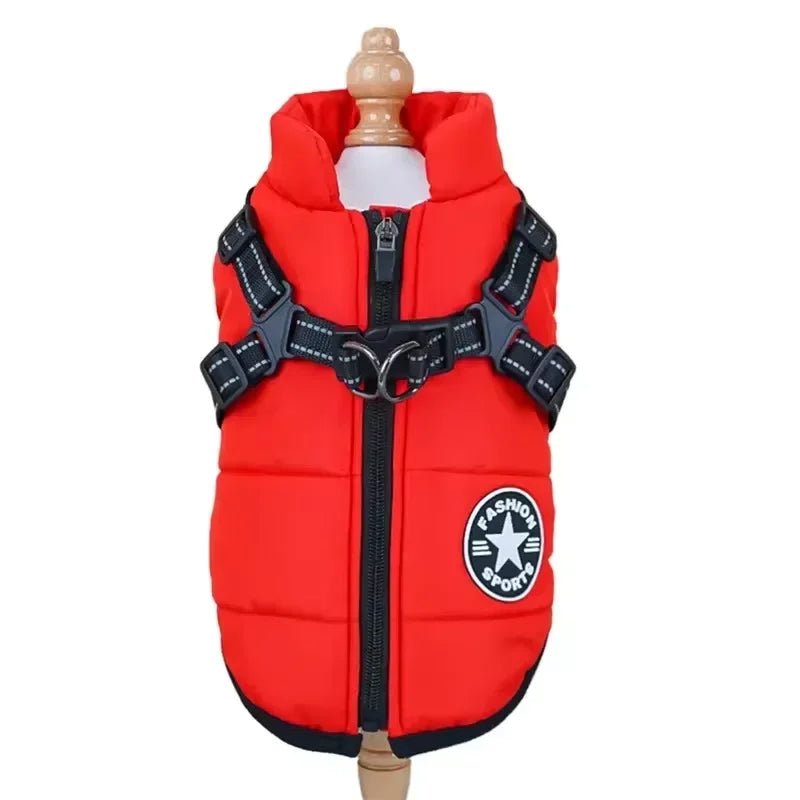 Waterproof dog coat featuring an integrated reflective harness and soft fleece lining, designed for cold and rainy weather, showcasing a 2-in-1 functionality for 12