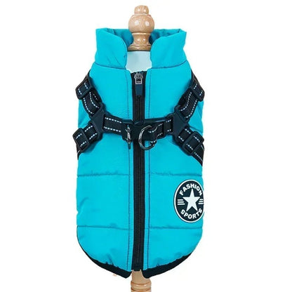 Waterproof dog coat featuring an integrated reflective harness and soft fleece lining, designed for cold and rainy weather, showcasing a 2-in-1 functionality for 9