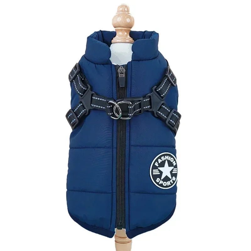 Waterproof dog coat featuring an integrated reflective harness and soft fleece lining, designed for cold and rainy weather, showcasing a 2-in-1 functionality for 11