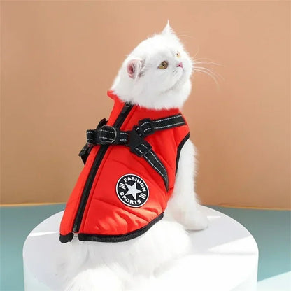 Waterproof dog coat featuring an integrated reflective harness and soft fleece lining, designed for cold and rainy weather, showcasing a 2-in-1 functionality for 6
