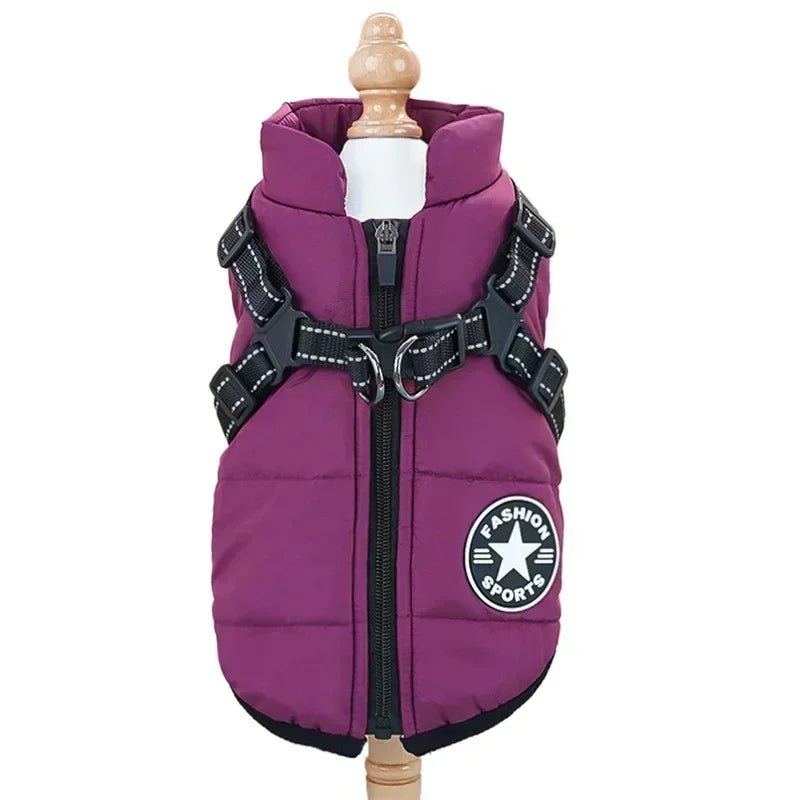Waterproof dog coat featuring an integrated reflective harness and soft fleece lining, designed for cold and rainy weather, showcasing a 2-in-1 functionality for 7