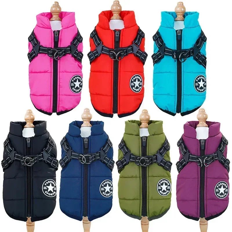 Waterproof dog coat featuring an integrated reflective harness and soft fleece lining, designed for cold and rainy weather, showcasing a 2-in-1 functionality for 5