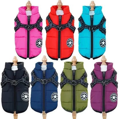 Waterproof dog coat featuring an integrated reflective harness and soft fleece lining, designed for cold and rainy weather, showcasing a 2-in-1 functionality for 5