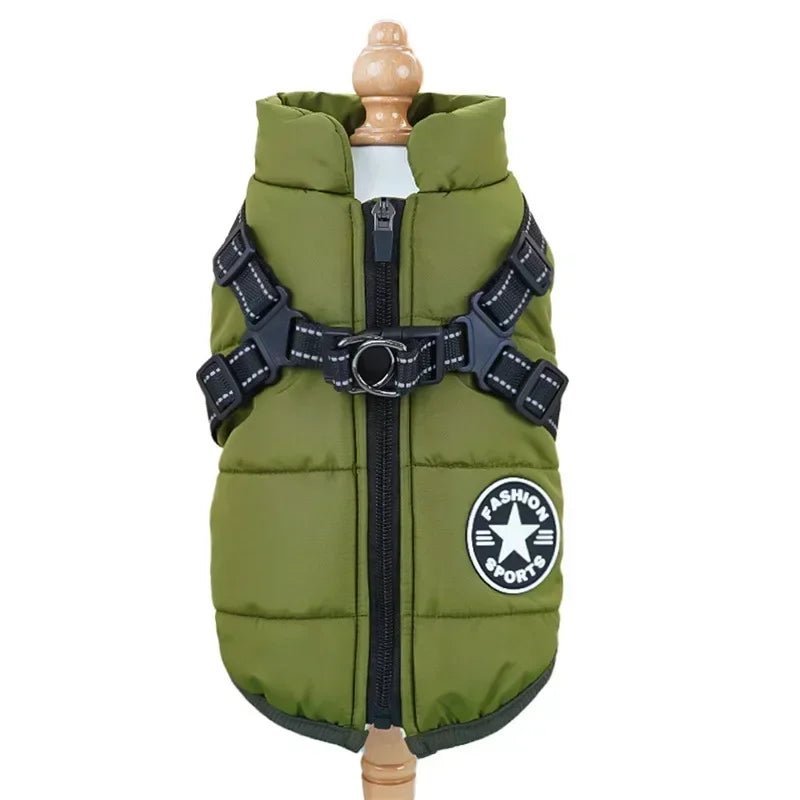Waterproof dog coat featuring an integrated reflective harness and soft fleece lining, designed for cold and rainy weather, showcasing a 2-in-1 functionality for 10
