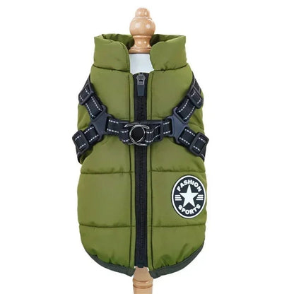 Waterproof dog coat featuring an integrated reflective harness and soft fleece lining, designed for cold and rainy weather, showcasing a 2-in-1 functionality for 10