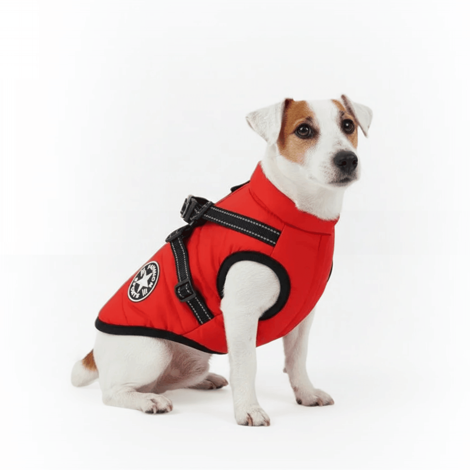 Waterproof dog coat featuring an integrated reflective harness and soft fleece lining, designed for cold and rainy weather, showcasing a 2-in-1 functionality for 1
